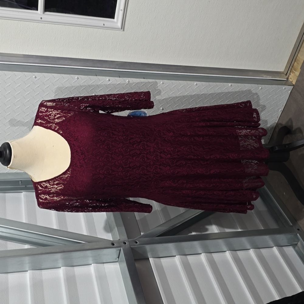 Fishbowl burgundy lace fit & flare skater mini dress lined‎ back zip 1/2 sleeve